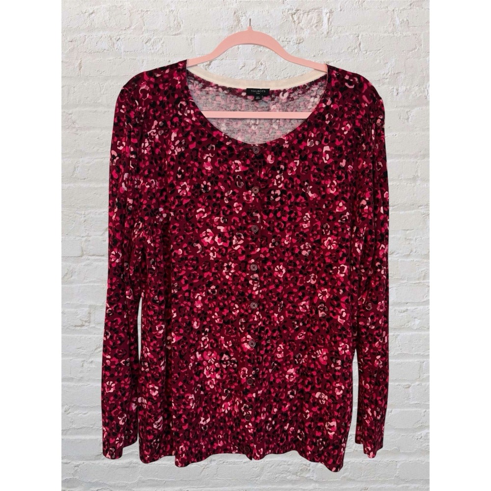 Talbots Cardigan Sweater Women 2X Pink Leopard Floral Print Button Front Knit